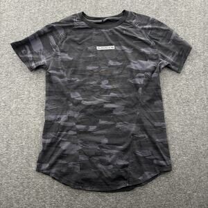 Alphalete Men’s Workout Shirt Medium Black Camo Fitted Drop Cut Stretch *Flaw
